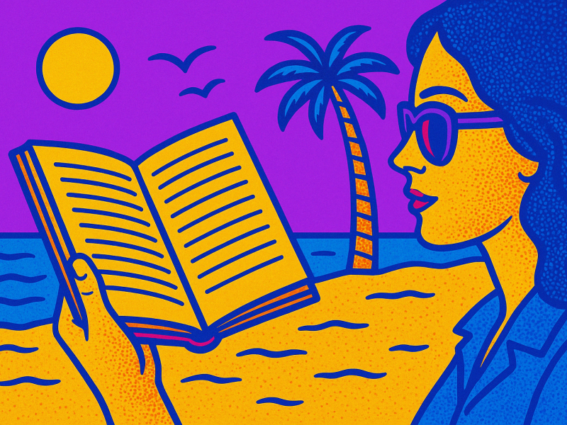 Illustriertes Bild einer Frau, die am Strand ein Buch liest.