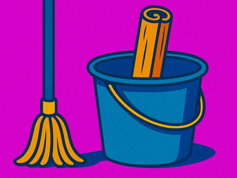 Pop Art Bild: Wischmop, daneben Eimer mit großer Zimstange darin