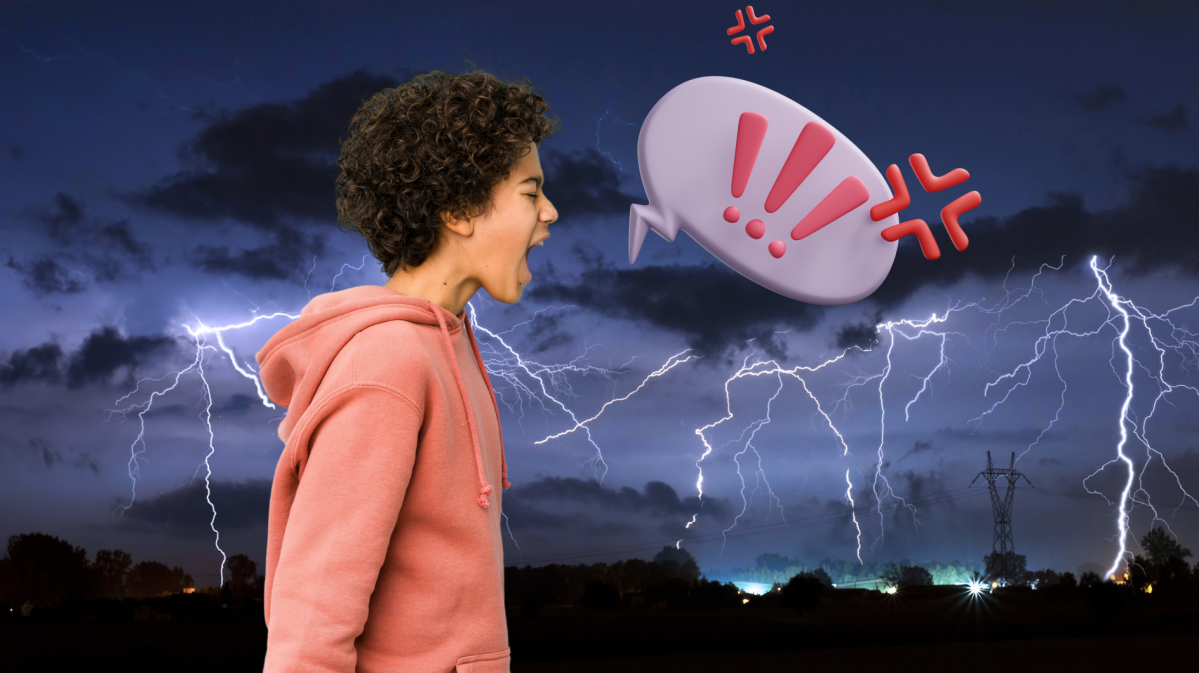Grafik eines schreienden Teenagers vor Gewitterwolken und Blitzen im Hintergrund mit einer Sprechblase, die das Schreien veranschaulicht.