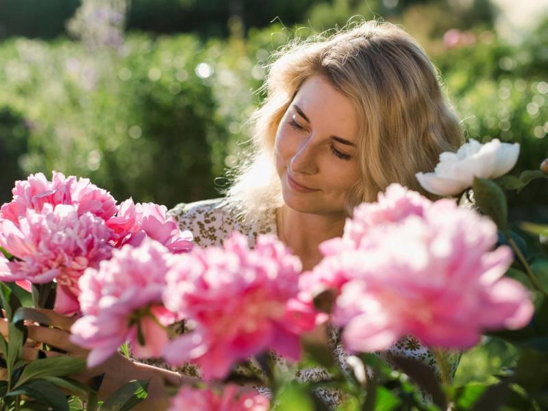 Blonde Frau schneidet rosafarbene Pfingstrosen für die Vase.