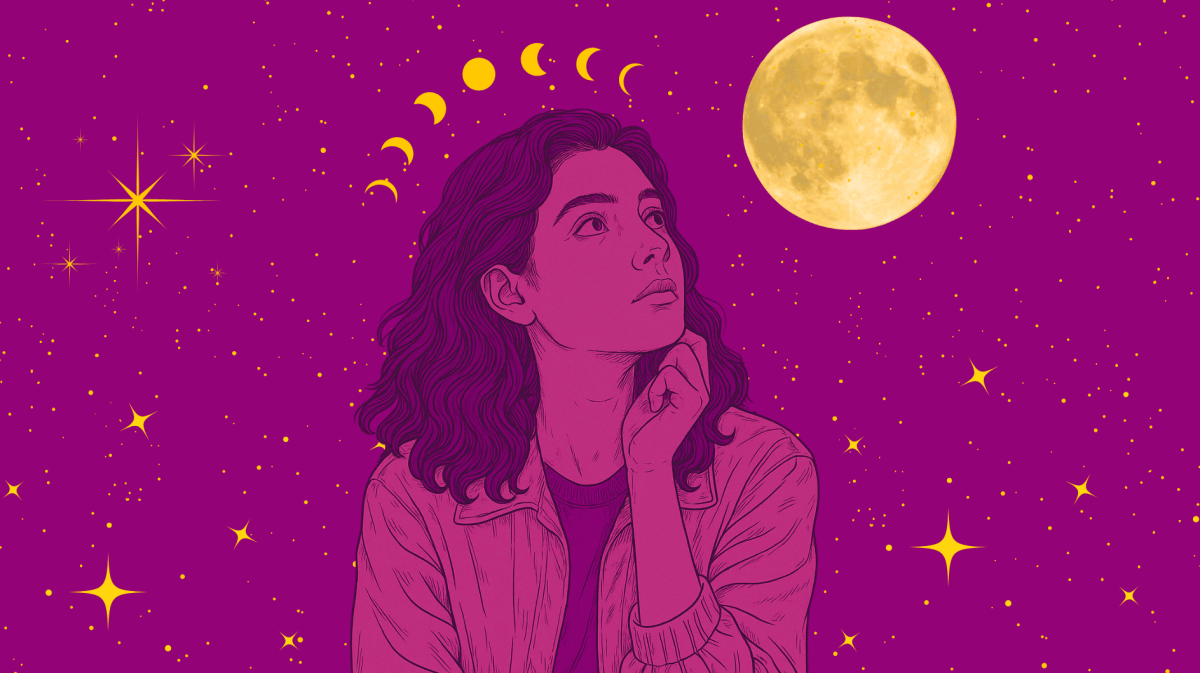 Illustrierte Frau schaut hoch zu Vollmond.