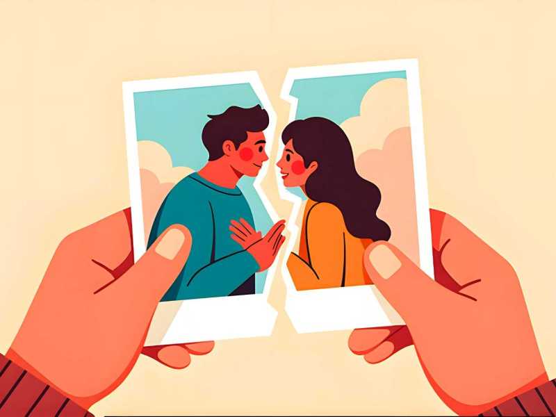 Eine Illustration zeigt die Hände einer Person, die ein zerrissenes Foto eines Paares festhält.