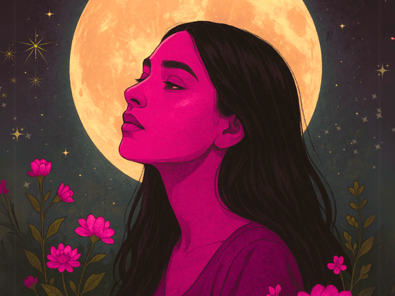 Pinke Grafik einer Frau mit langen schwarzen Haaren vor einem Vollmond mit Blumen.