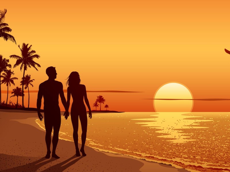 Grafik eines Paares, das am Strand in den Sonnenuntergang spaziert