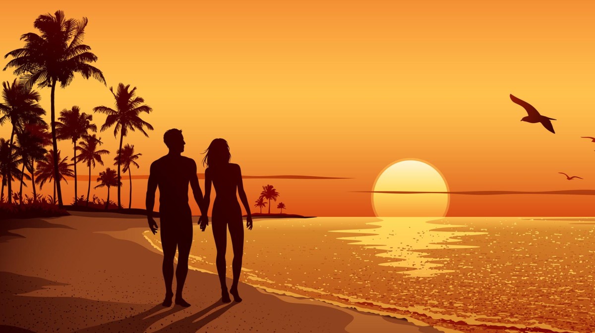 Grafik eines Paares, das am Strand in den Sonnenuntergang spaziert