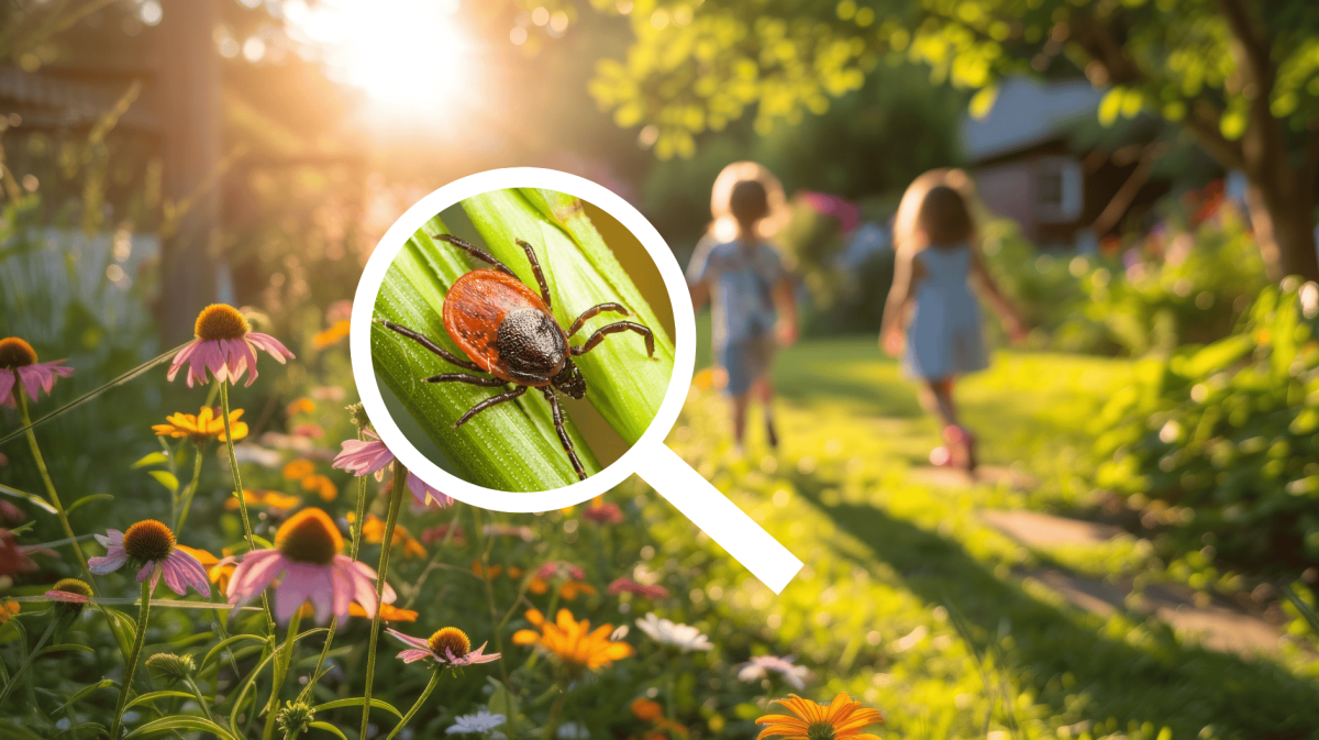 Kinder spielen im Garten, eine Lupe zeigt auf eine Zecke.