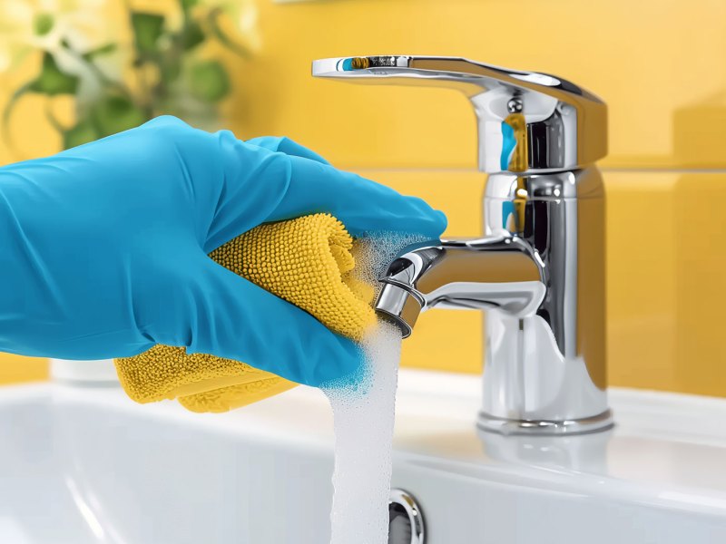 Hand in blauem Handschuh putzt Wasserhahn.