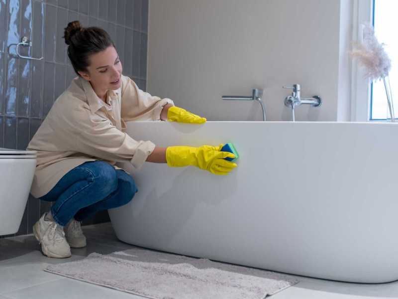 Frau putzt Badewanne mit einem Schwamm