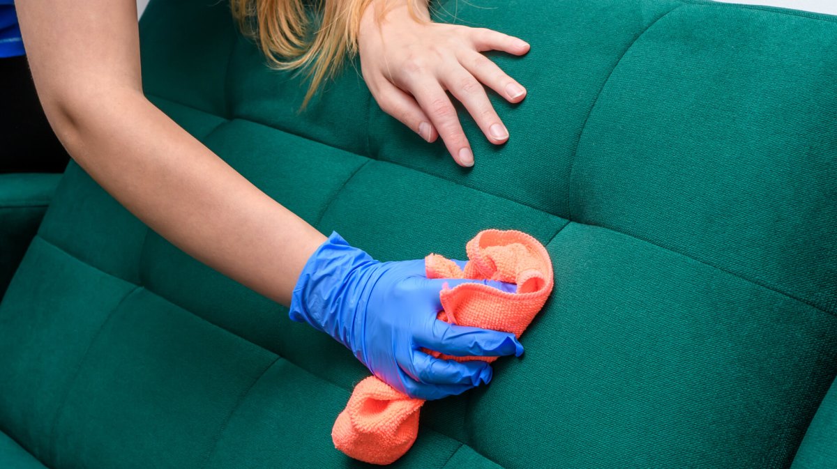 Junge Frau reinigt mit orangefarbenem Tuch und blauen Einmalhandschuhen gründlich ein grünes Polstersofa.