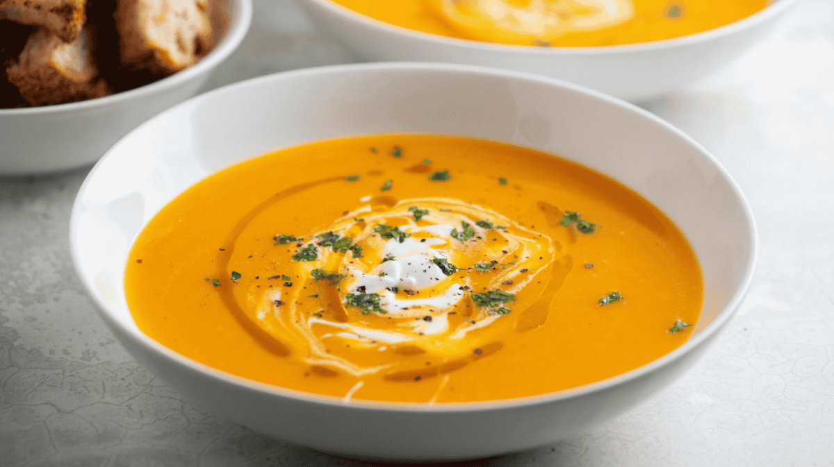 Kürbissuppe in einer weißen Schüssel. Suppen-Rezepte
