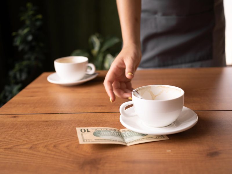 Kellnerin nimmt sich Trinkgeld im Café